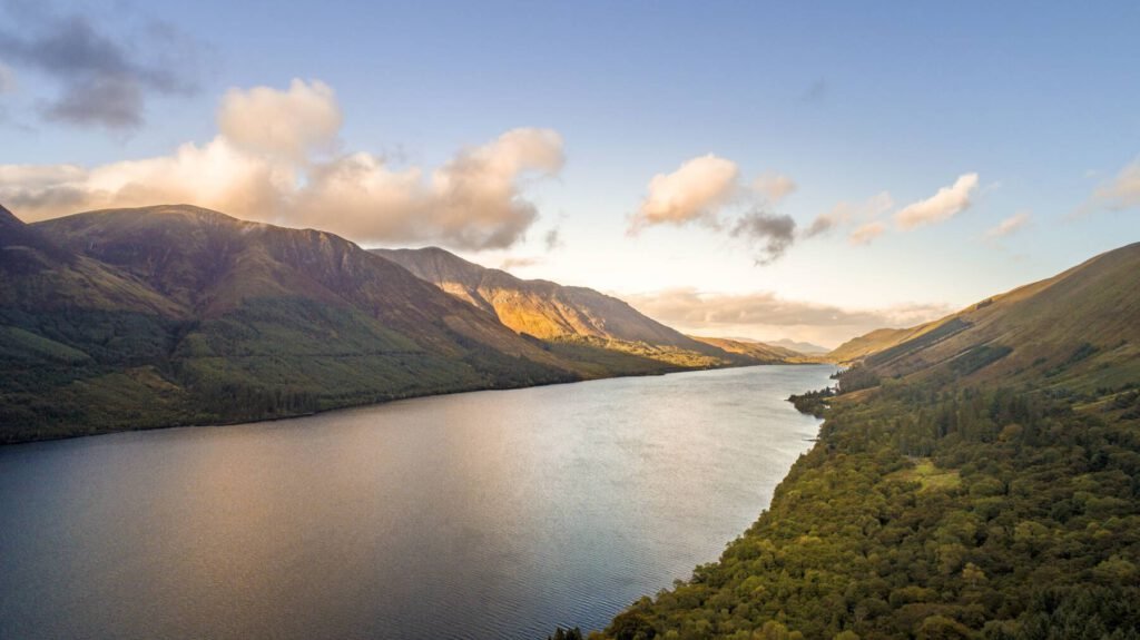 Aerial shot of Loch Ness lake in Scotland captured by a drone Loch Ness