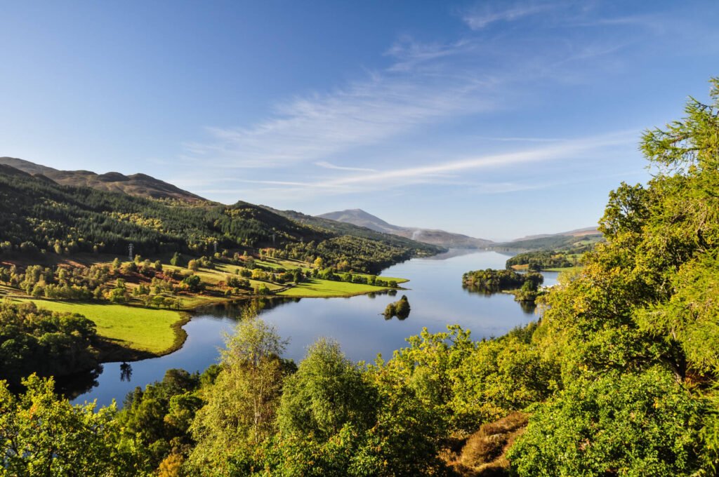 Beautiful summer view across Loch (Lake) Tummel seen from Queen' Pitlochry